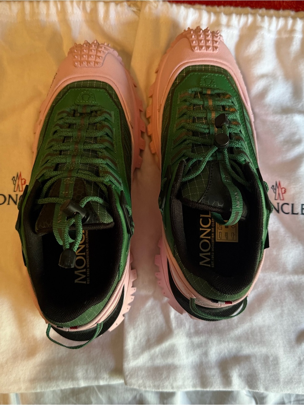 Moncler Green and Pink Trail Sneakers with Black Interior